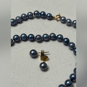 Elegant 14k Blue-Gray Pearl Necklace, Bracelet and Earring Set
